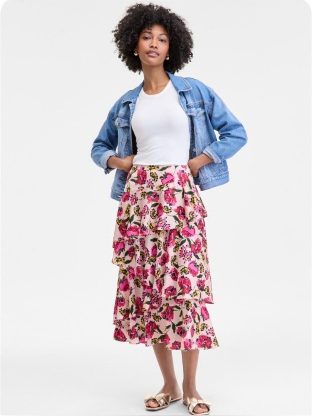 On 34th Floral Tiered Pink Midi Skirt